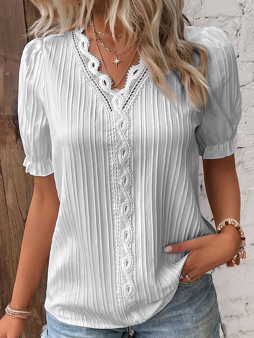 V-hals elegant shirt in effen kleur kant