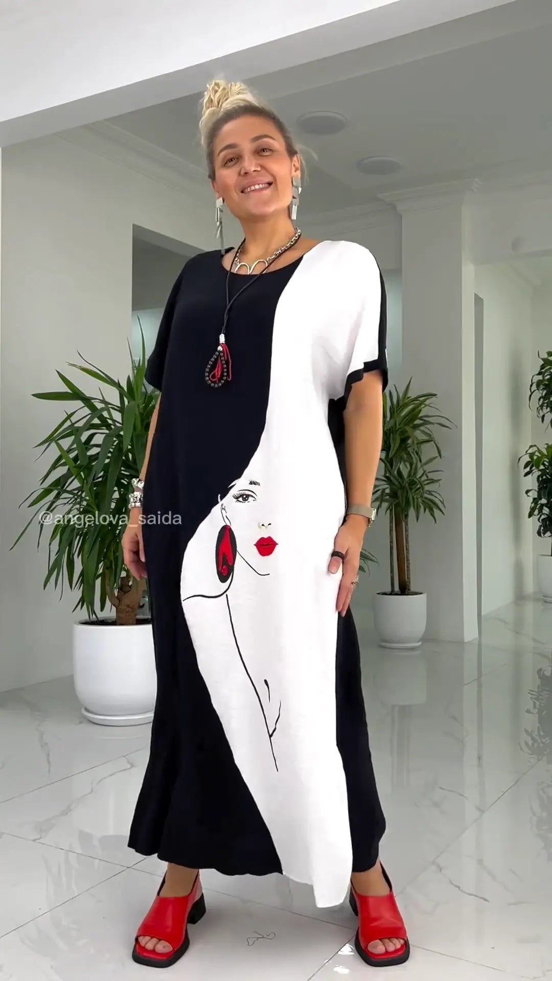 Cato | Legal zwart-wit losse maxi jurk